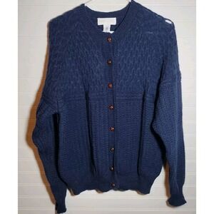Vintage Robert Scott Ltd 100% Wool Navy Cardigan Sweater Carved Buttons Sz‎ LG
